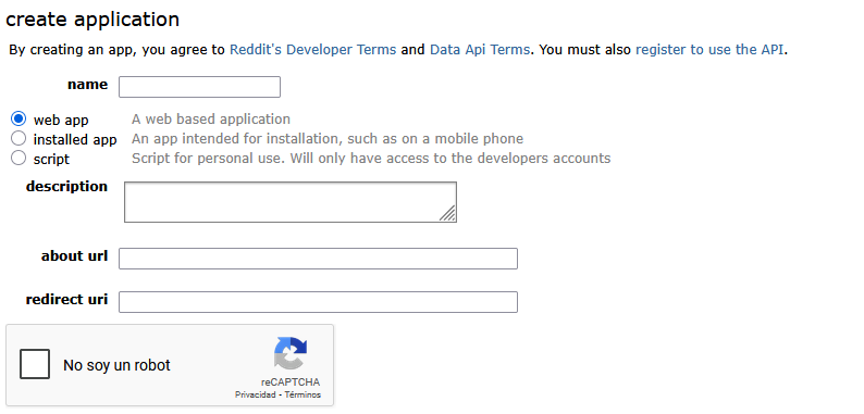 Reddit Application Creation Form
