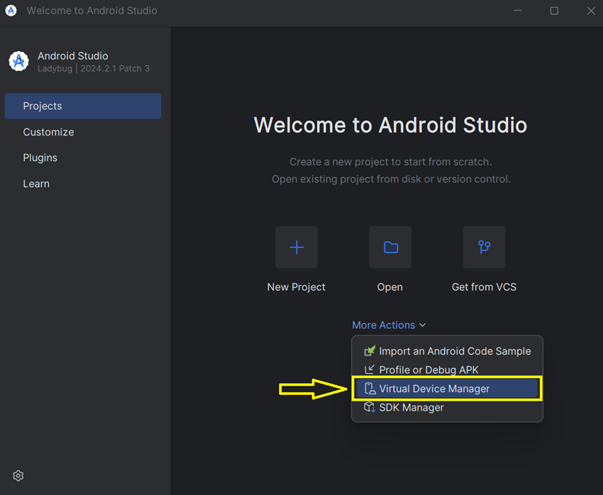 Opening Virtual Device Manager in Android Studio