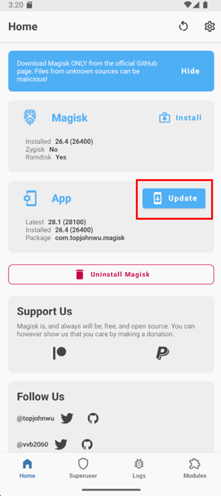 Magisk update button