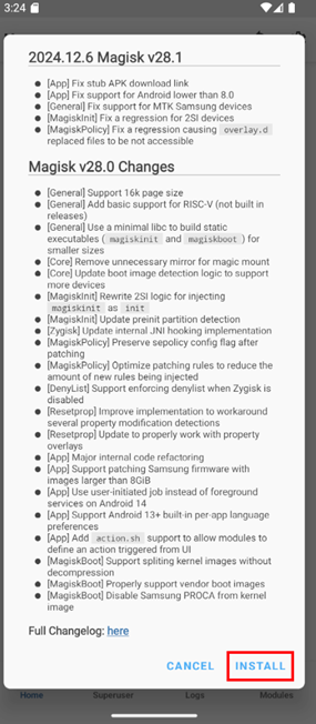 Magisk update changelog and install button