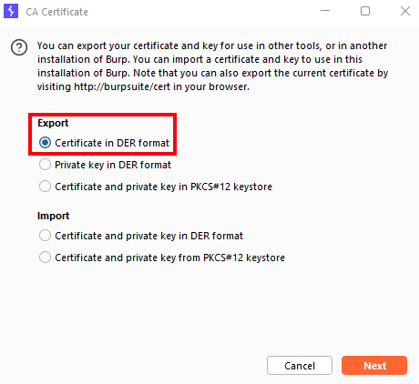Select certificate in DER format