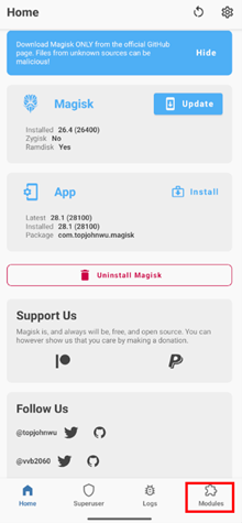 Modules tab in Magisk