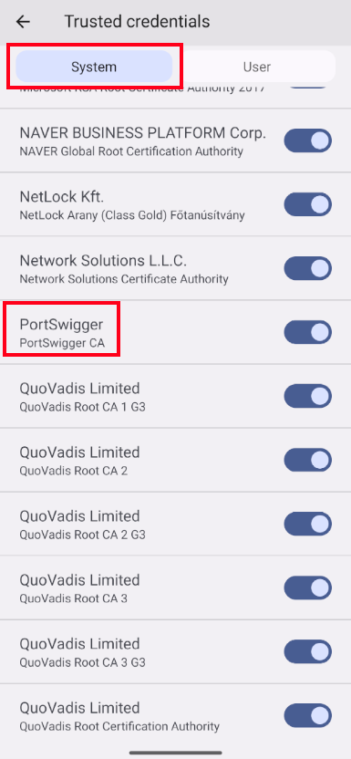 Certificate installed in System tab